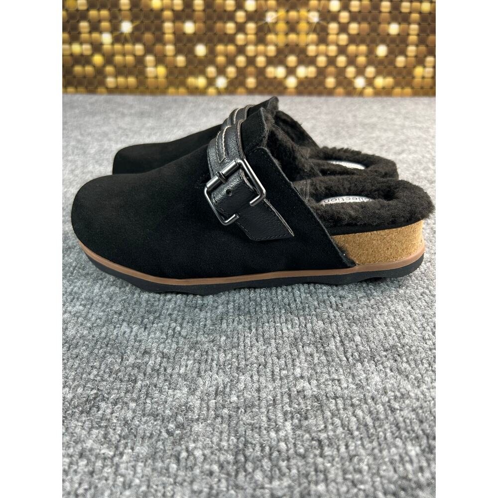 Clarks Brynn Black Suede Clogs WM Size 7 M Faux Fur Lined Buckle Mule Slippers - Picture 5 of 12